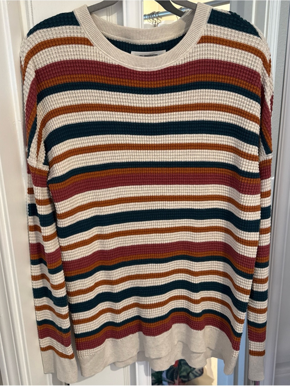 REI Cream Crewneck Sweater with Rust, Teal and Burgundy Stripes